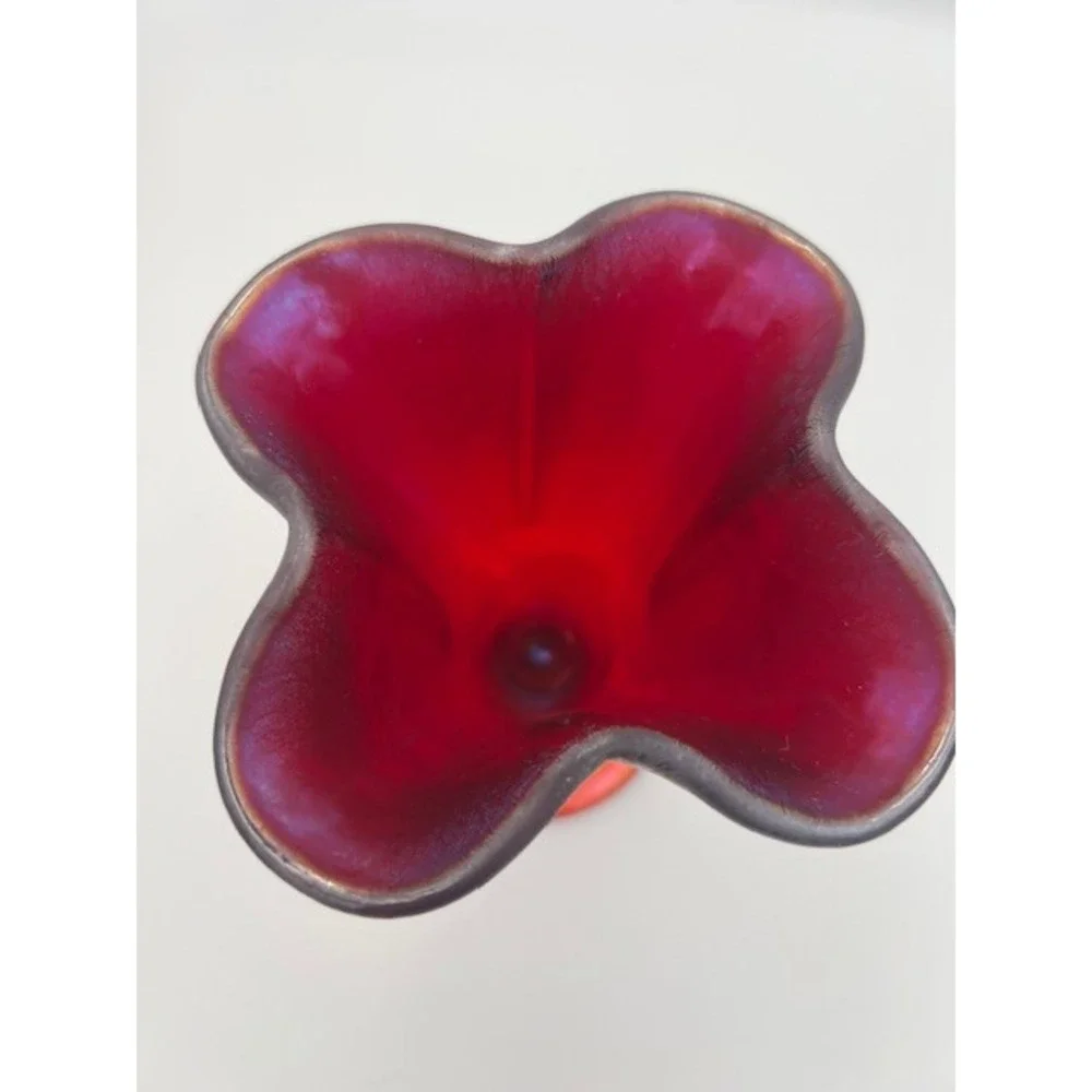 Fenton Art Glass Ruby Amberina Stretch Glass Cloverleaf Ruffled Trumpet Vase 8.5